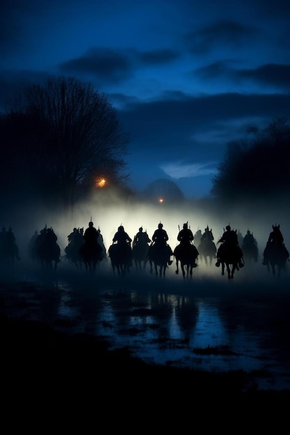 Photo a group of horses are running in the fog