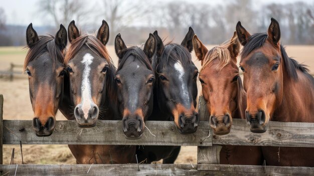 Photo a group of horses are standing in a field and looking at the camera