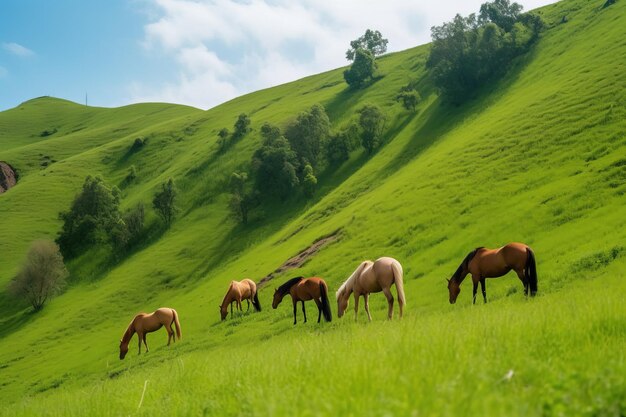 A group of horses grazing on a hillside