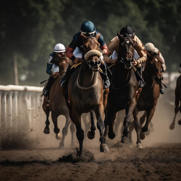 青いヘルメットをかぶった馬の群れが馬場を駆け下りています。