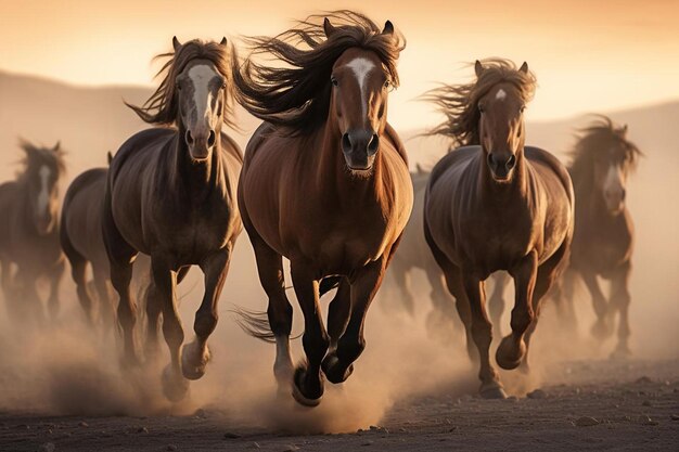 Photo a group of horses running in a desert with the sun behind them