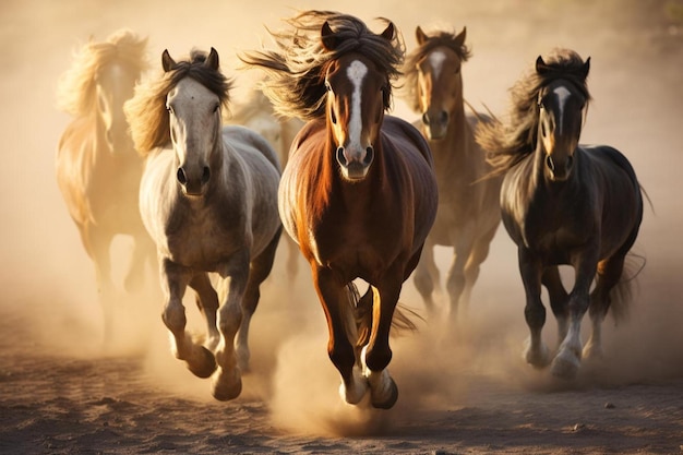 Photo a group of horses running in the dirt
