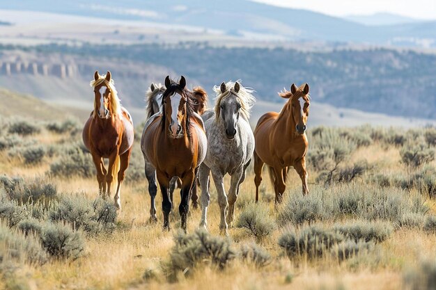 Photo a group of horses running in a field