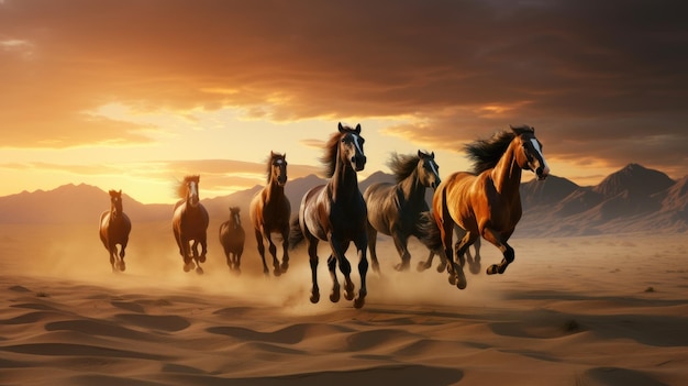 Группа лошадей, бегущих галопом по пустыне Генеративный ИИ
