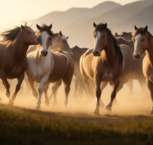 해가 지는 빛 속에 초원에서 달리는 말들의 그룹