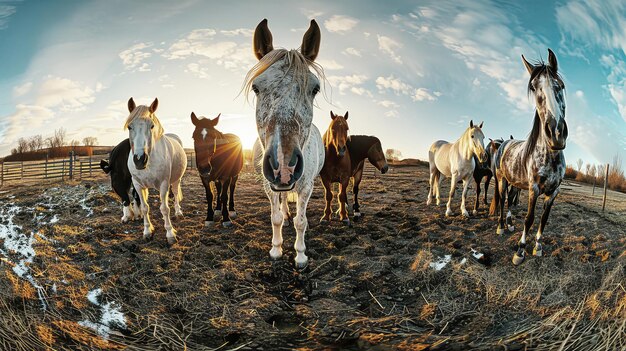 Группа лошадей изящно стоит на пышном зеленом поле.