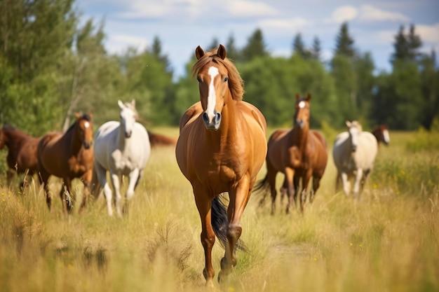 a group of horses walking through a field