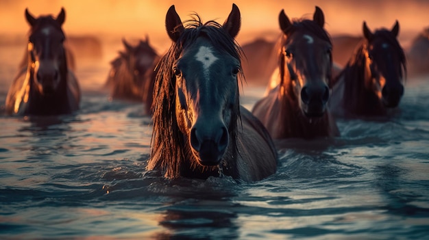 Группа лошадей в воде Генеративный AI Art