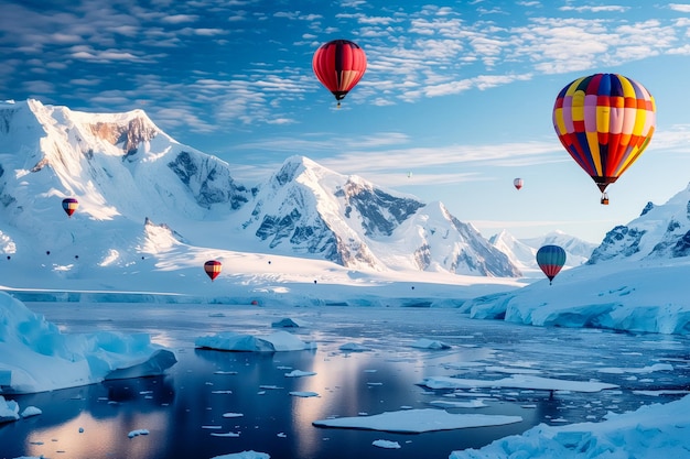 A group of hot air balloons are flying over a snowy landscape