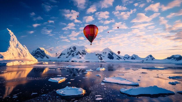 A group of hot air balloons are flying over a snowy landscape