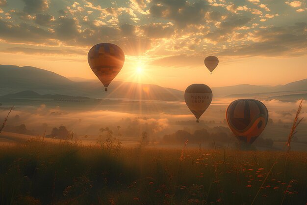 A group of hot air balloons flying over a field