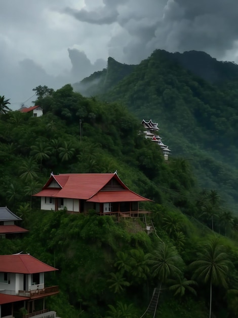 группа домов, сидящих на вершине пышного зеленого склона холма