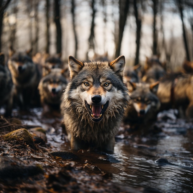 A group of hungry and angry wolf in water