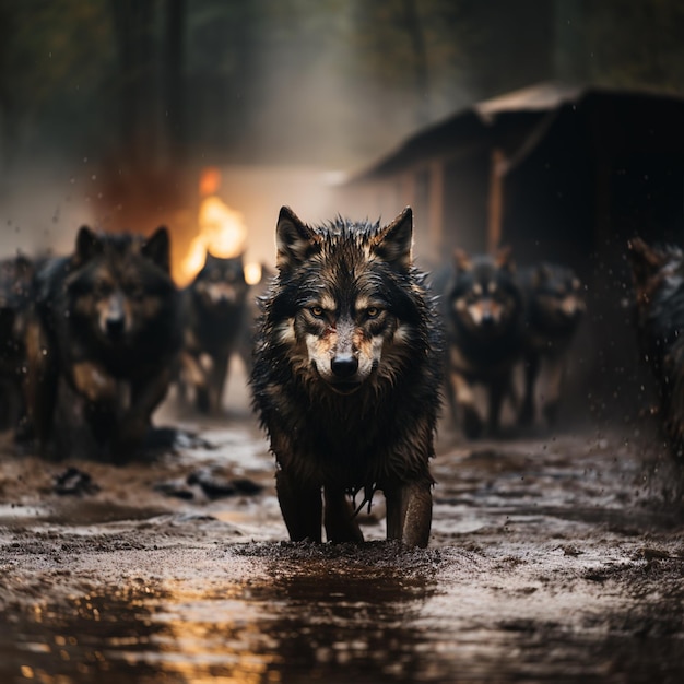 水の中の空腹で怒っているオオカミのグループ