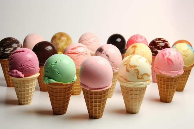Группа конусов мороженого выстроена в линию на белом фоне.