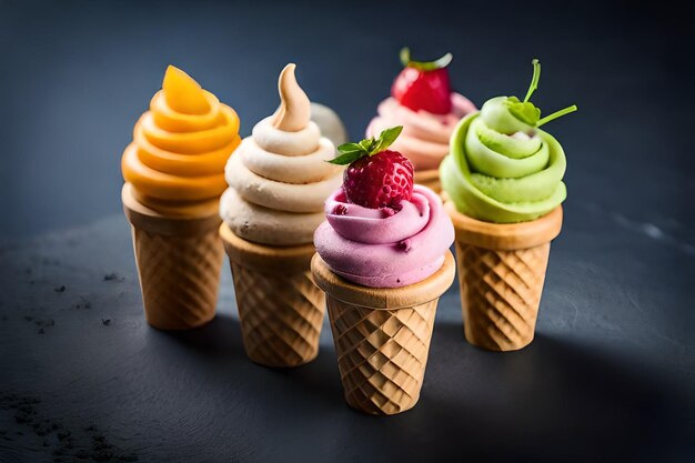 A group of ice cream cones with one of them has a strawberry on it