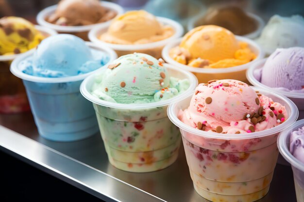 A group of ice cream in cups
