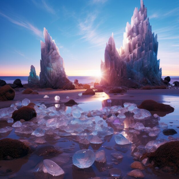 a group of ice formations on a beach