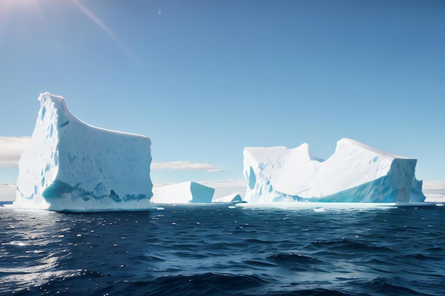 a group of icebergs floating in the ocean