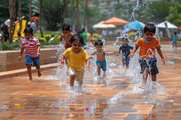 group of indian children playing in the rain in the square