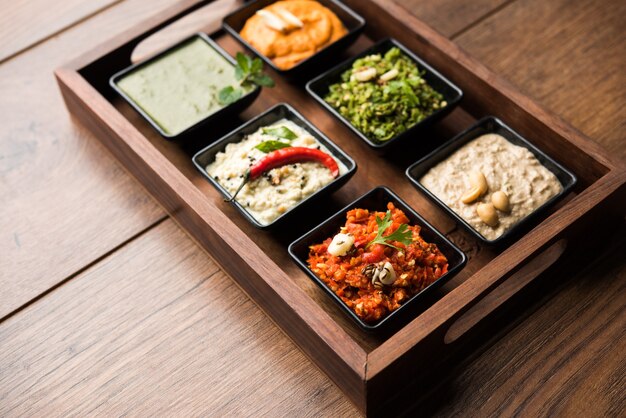 Group of Indian Chutneys includes coconut, Peanut, green and red chilly, garlic and pudina served in small square shape bowls. selective focus