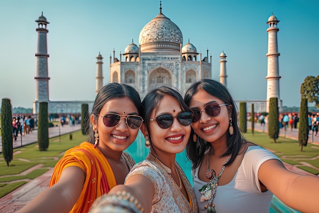 Photo group of indian female young friends traveling in front of taj mahal agra india in summer