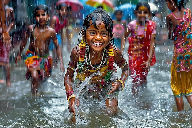 group of indian girls playing in the rain