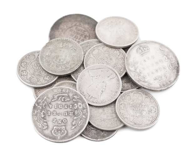 Group of Indian old Coins on White Background