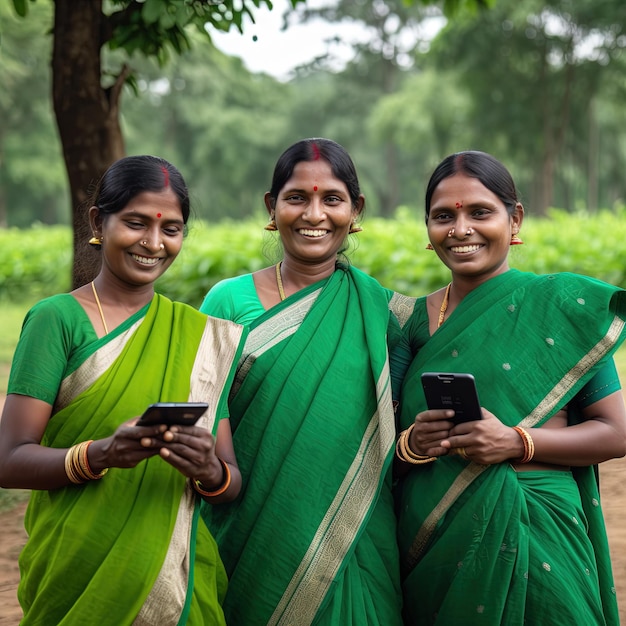 group of Indian village ladies in green saree generative ai