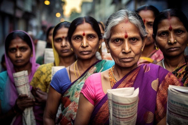 A group of Indian women in traditional sari outdoors on protest Generative AI