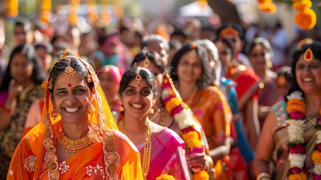 Photo a group of indian women wearing traditional clothing are walking down a street they are all smiling and appear to be happy