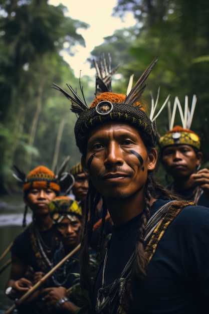 Foto un gruppo di indigeni che si fanno un selfie nella giungla