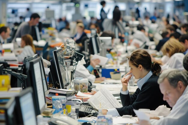 Photo a group of individuals diligently working at desks in an office focused on their computer screens hectic scene in a newsroom covering a big business story ai generated