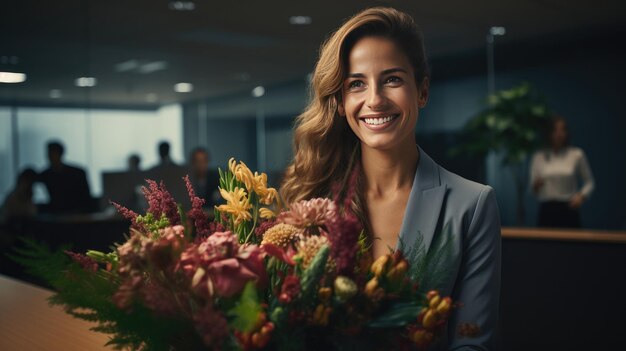 Group of Individuals Gathered Around Woman With Bouquet of Flowers