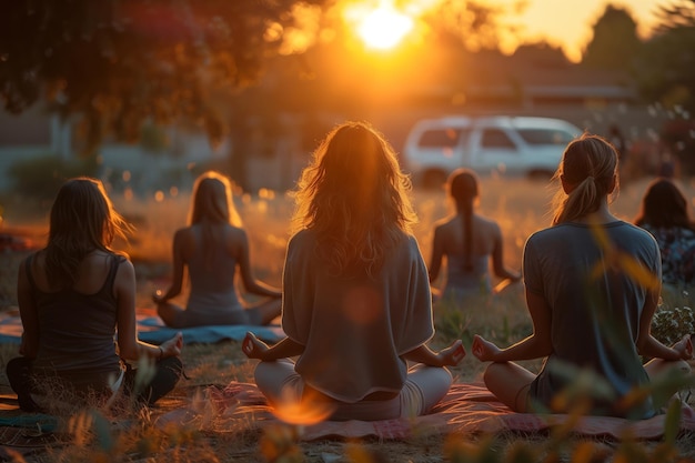 Группа людей практикует йогу в спокойной обстановке на открытом воздухе, когда заходит солнце.
