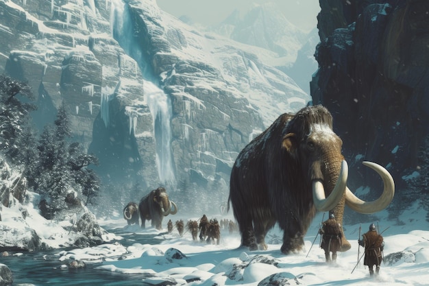 Photo a group of individuals walking together in a forest covered in snow surrounded by tall trees and white scenery an ancient tribe hunting mammoths in a snowy landscape ai generated