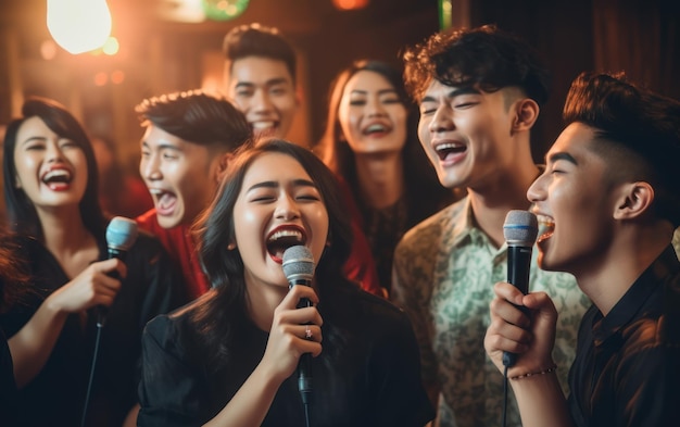 Group of indonesian friends singing at karaoke bar singing and having fun together