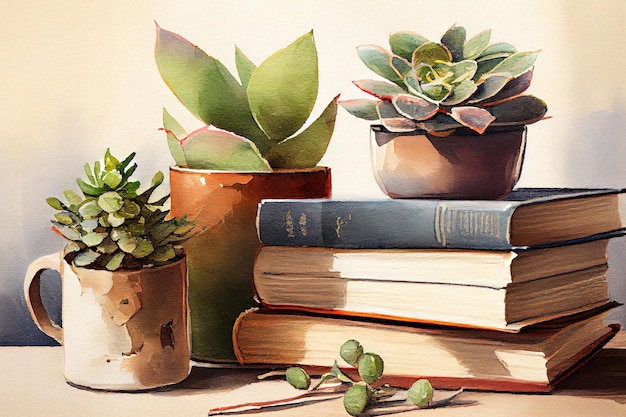 Группа комнатных растений на книжной полке Минимальная композиция Generative Ai