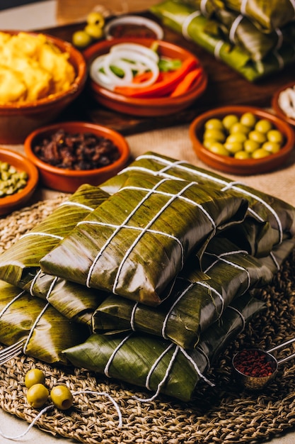 Group of ingredients for the elaboration of Christmas hallacas, typical Venezuelan dish