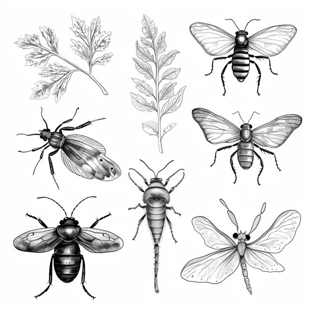 A group of insects and leaves drawn in ink on a white background generative ai