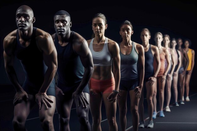 Group International athletes on running track at stadium at start of race competition