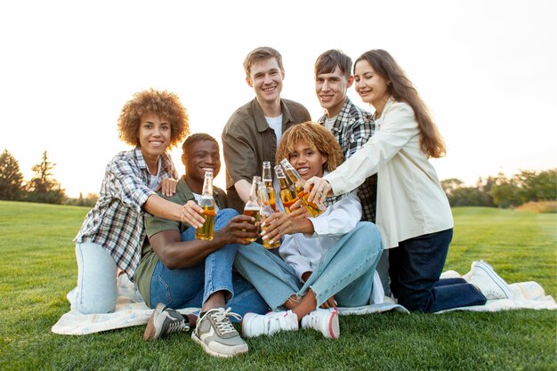 公園でリラックスし乾杯を祝いビールのボトルを鳴らしている人たちのグループ