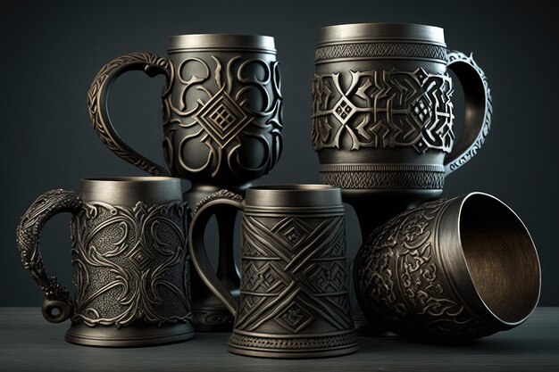Group of iron mugs each with a different design or pattern