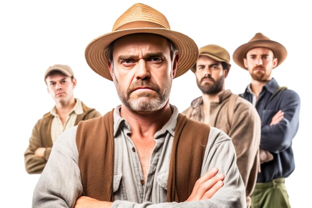 Group of irritated angry male farmer in work clothes white background isolate