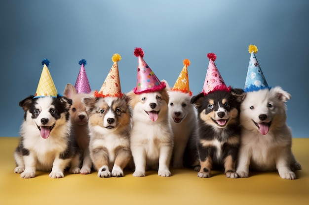 誕生日の帽子の写真を持つ孤立した笑顔の子犬のグループ