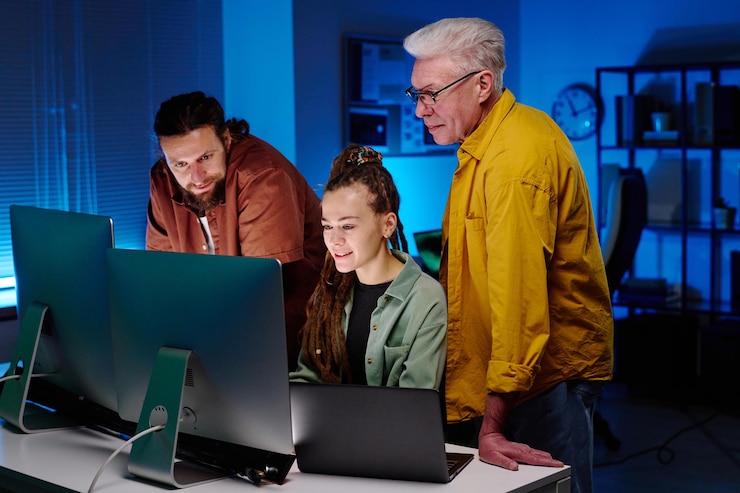 Photo group of it engineers looking at screen of desktop computer