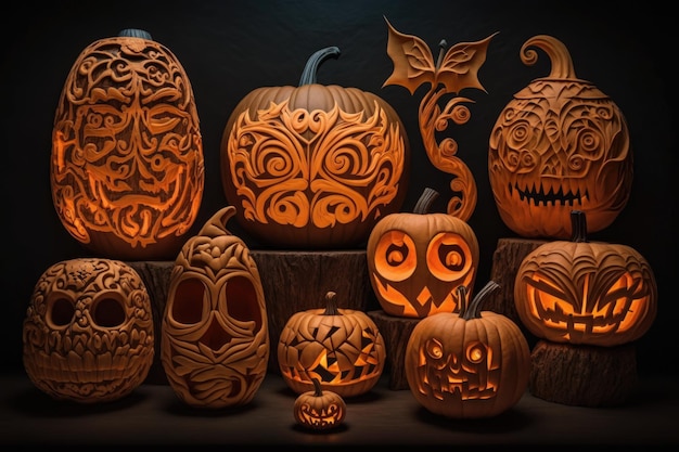 Group of jackolanterns of various shapes sizes and designs created with generative ai