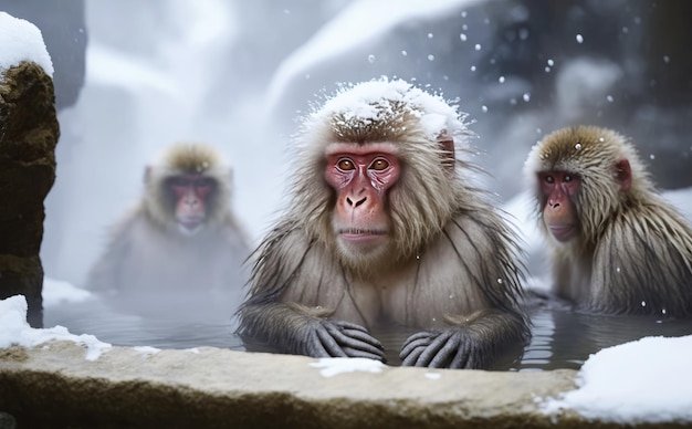 A group of Japanese macaques taking a bath in a hot spring Generative AI