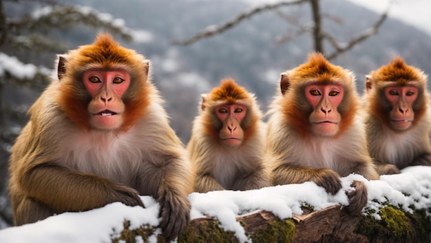 Photo a group of japanese macques sitting on tree branch