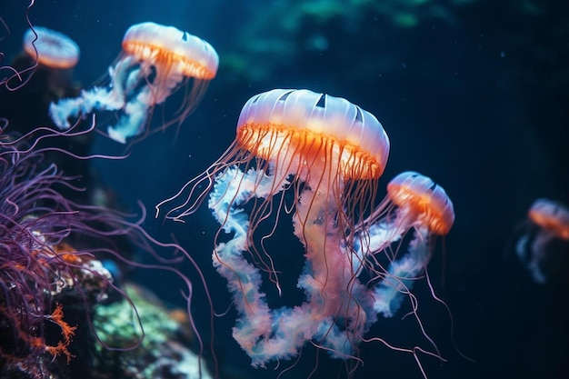 a group of jellyfish are shown in an aquarium